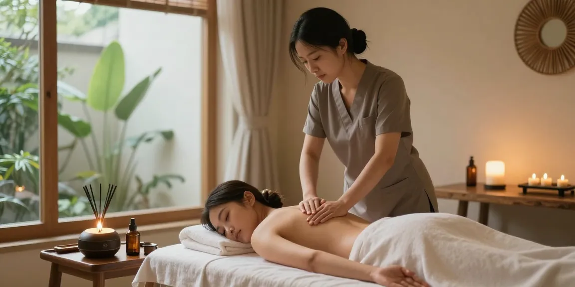 마사지와 아로마 오일로 편안한 스파 환경에서 휴식 중인 고객 모습