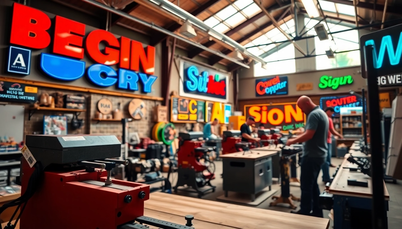 Crafting vibrant signage in a professional sign manufacturing workshop by skilled artisans.