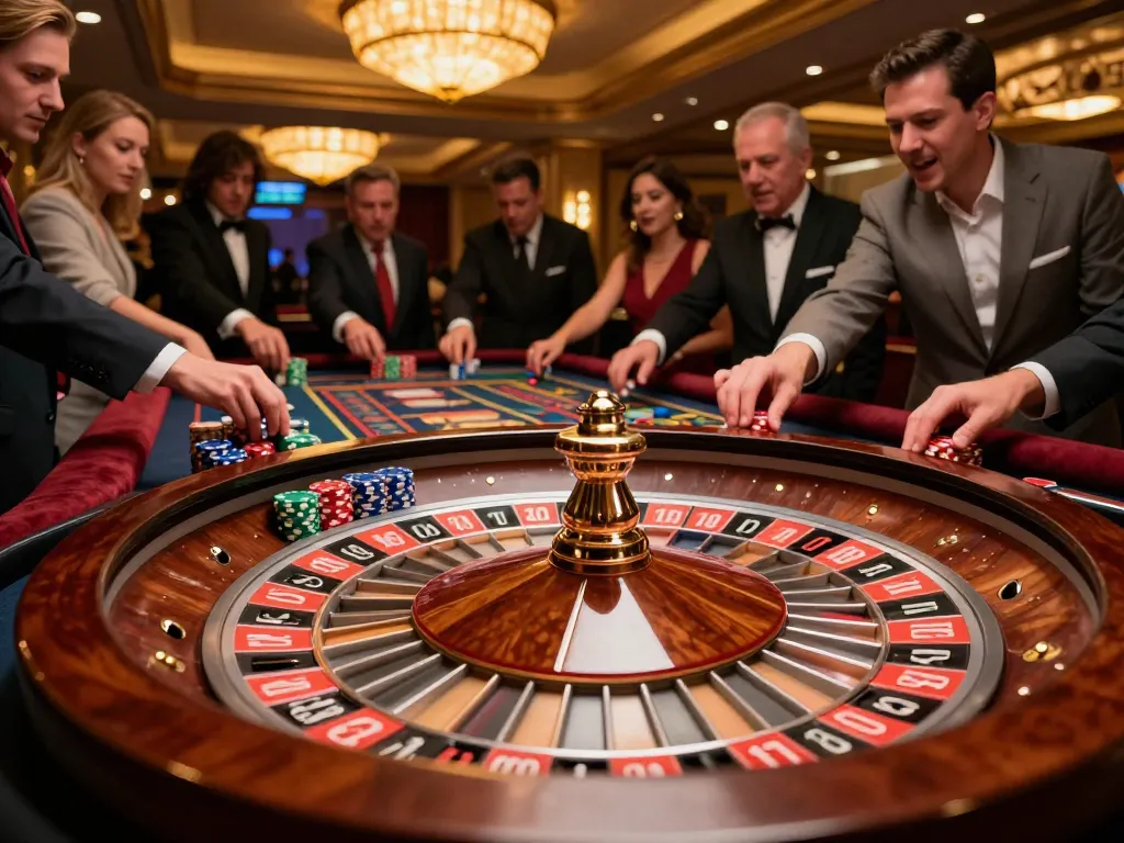 Players engaging with TG88 roulette table, placing bets amidst vibrant casino atmosphere.