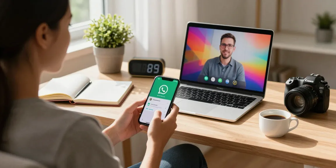 WhatsApp下載 interface on smartphone in a cozy home office setting.