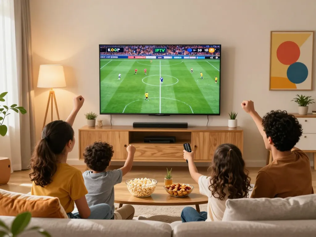 Gelukkige familie geniet van KOOP IPTV in hun woonkamer, toont IPTV Nederland met live sport.