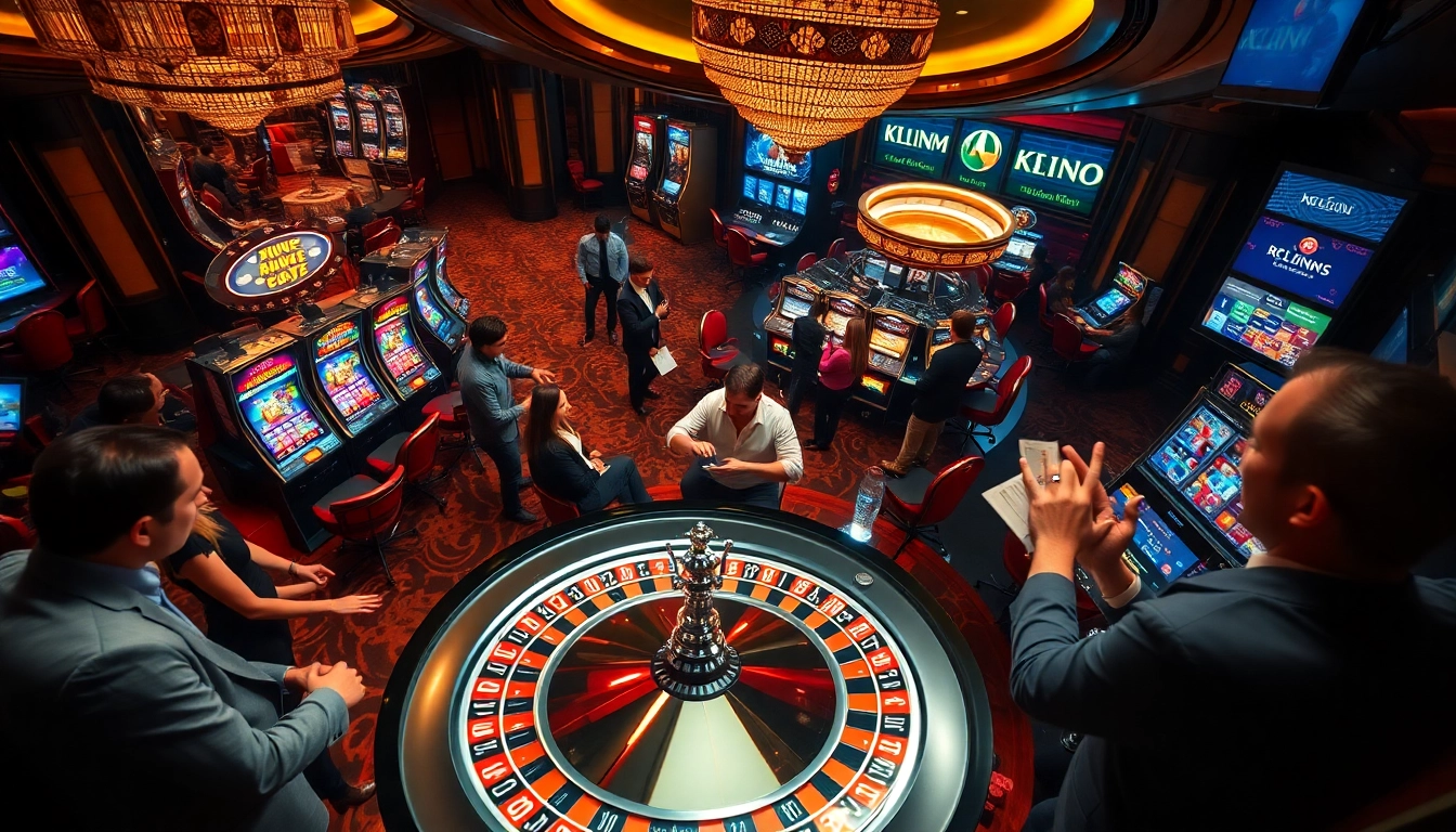 Suasana kasino yang dinamis dengan para pemain di meja roulette dan mesin slot yang penuh warna, menampilkan kegembiraan terkait jmacdonaldphoto.com.