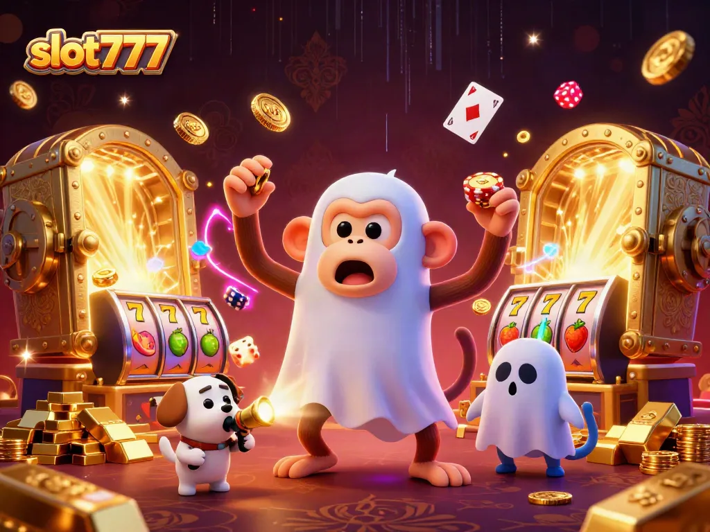 slot777 menghadirkan suasana kasino slot yang berkilauan dengan karakter poltergeist monyet dan anjing pemburu hantu yang menyusuri permainan slot.