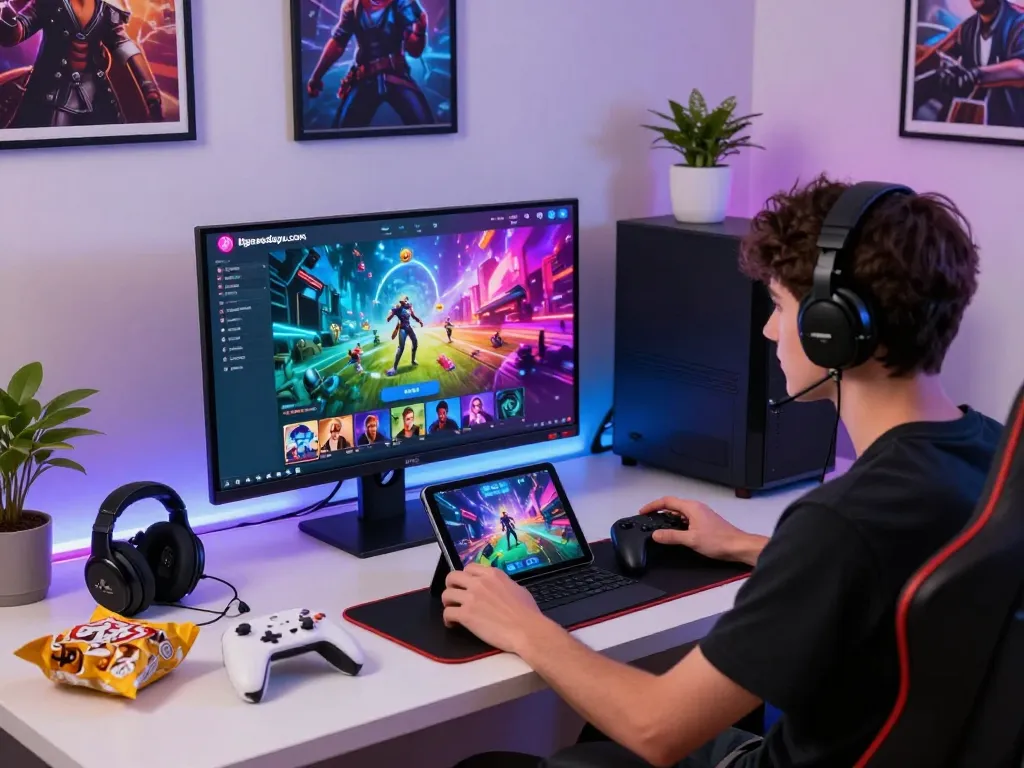 Dynamic online gaming scene at ligasedayu.com featuring a young adult immersed in multiplayer action with vibrant monitors and gaming accessories.