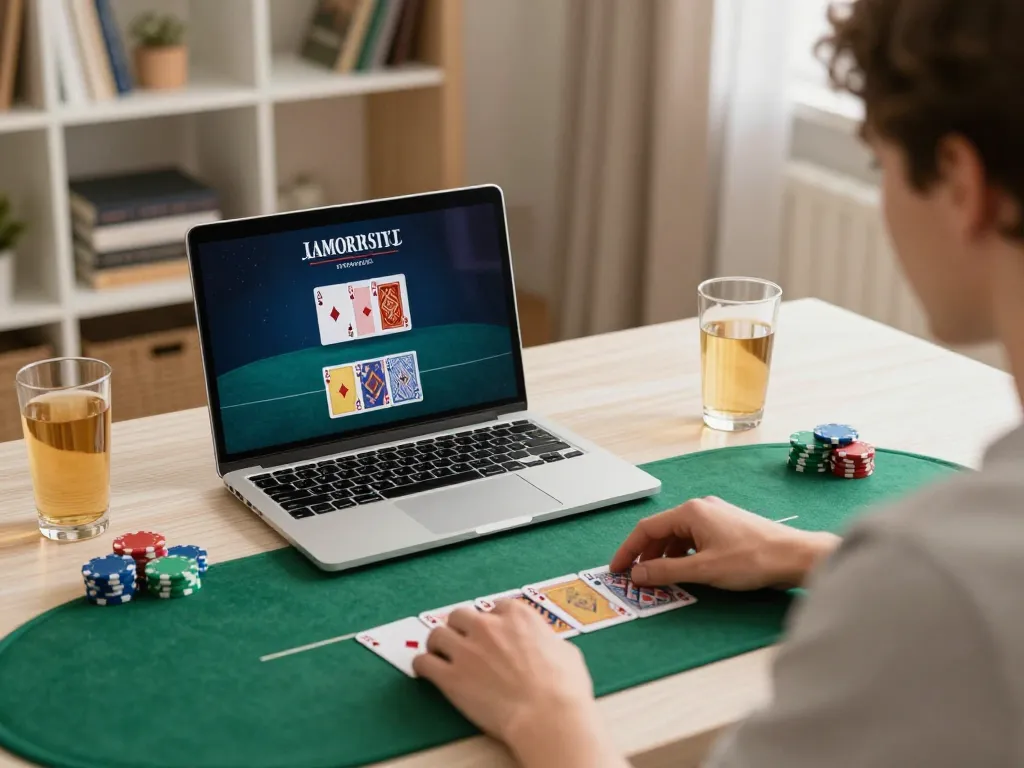 Engaging poker action with du88 on a laptop, showcasing strategy in a cozy home setup.
