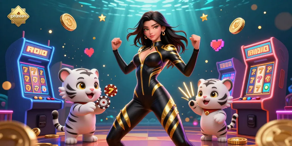 Join the fun at phdream with a thrilling casino illustration showcasing vibrant slot reels and a playful baby tiger.