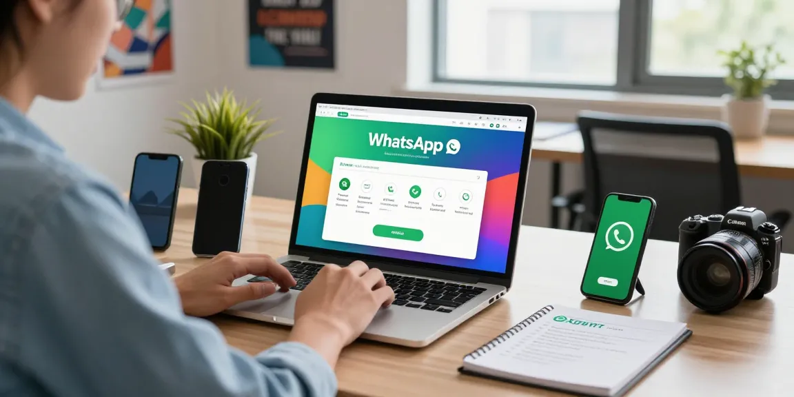 Guide on WhatsApp下載 with tech workspace scene featuring devices and vibrant app graphics.