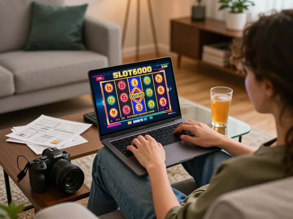 SLOT6000 player engaging intensely with colorful online slot game interface on a modern laptop in a cozy home environment.