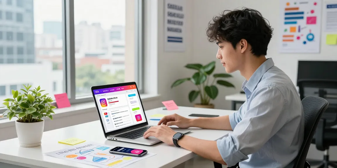 Expert digital marketer analyzing best sites to buy Instagram views in a vibrant office setting.