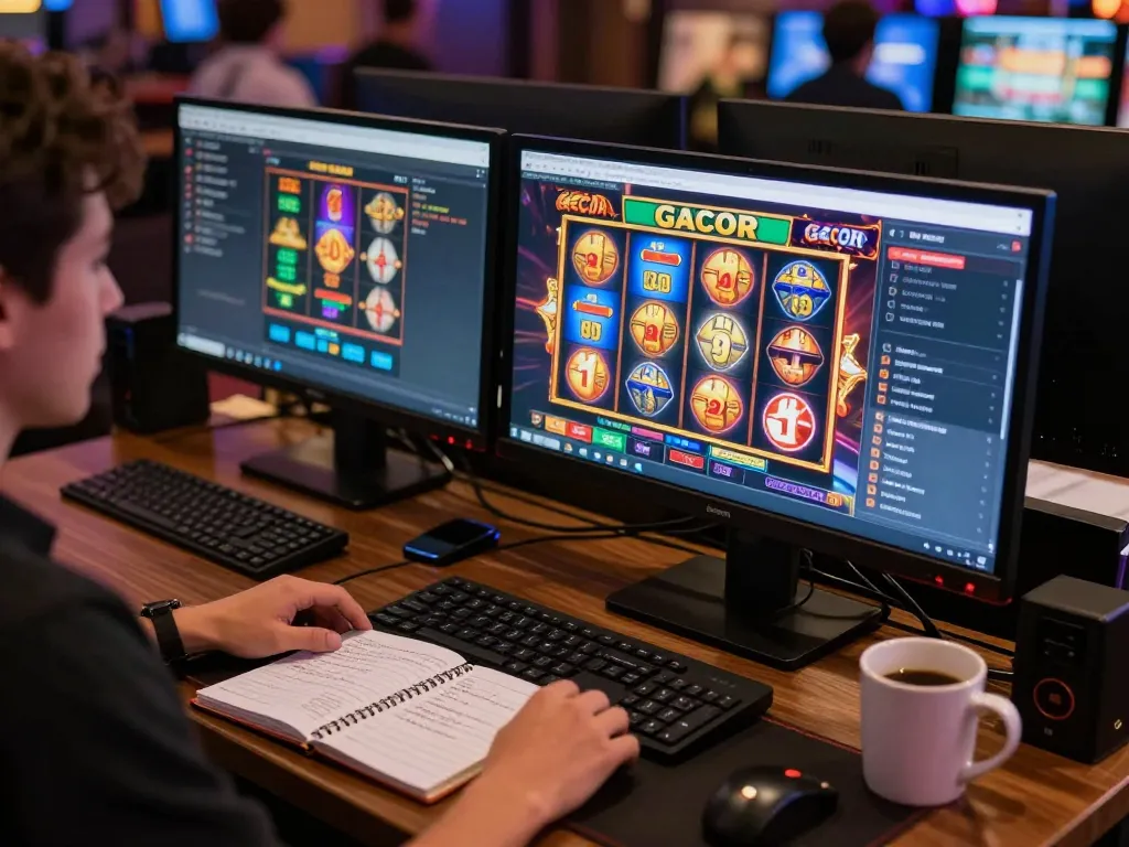 Engaging with slot gacor games on dual monitors in a stylish online casino setup.