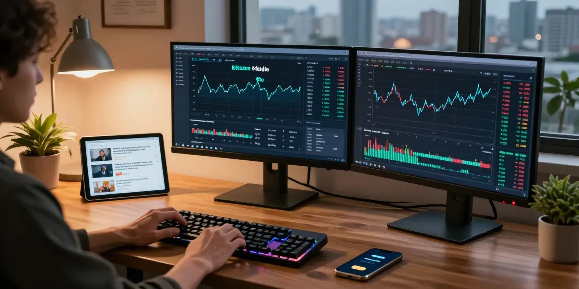 bitcoin mining service dashboard on multiple monitors in a professional cryptocurrency trading workspace