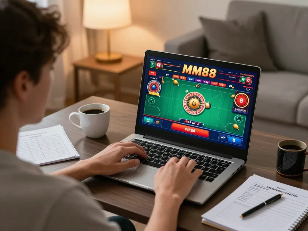 Engaging at home with MM88 online roulette, displaying vibrant gameplay on laptop