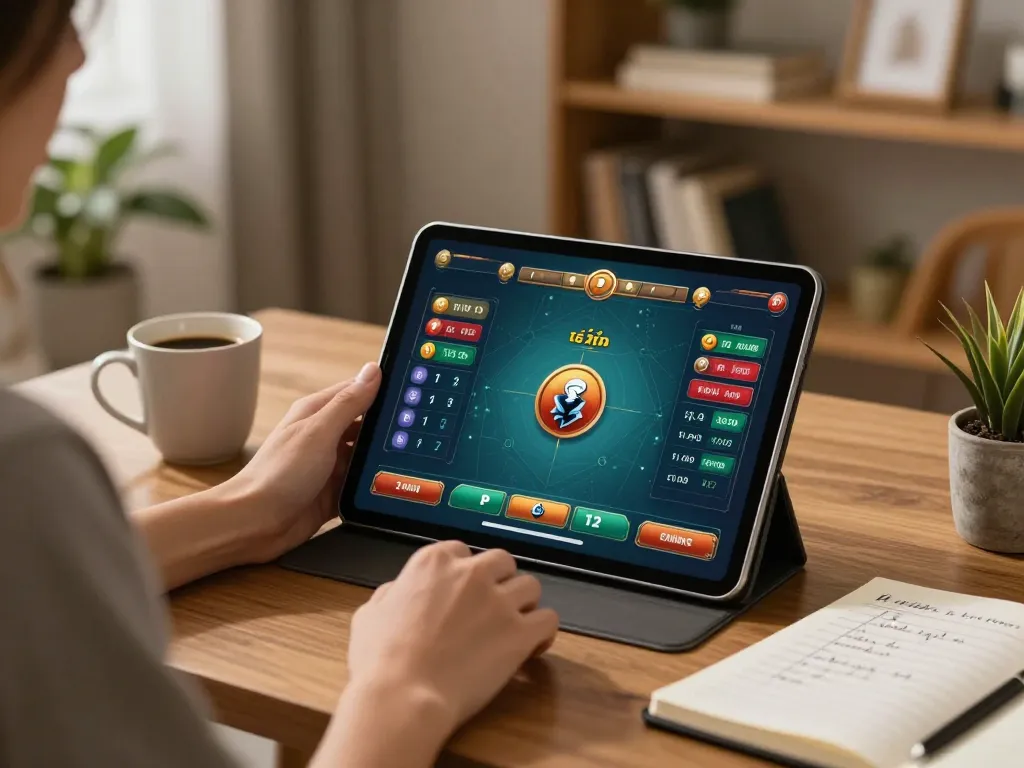 Engaging in tài xỉu online gameplay on a tablet, showcasing a cozy and inviting home gaming setup.
