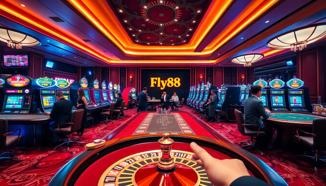 Experience premium gaming at Nhà cái Fly88 with elegant casino tables and vibrant slot machines.