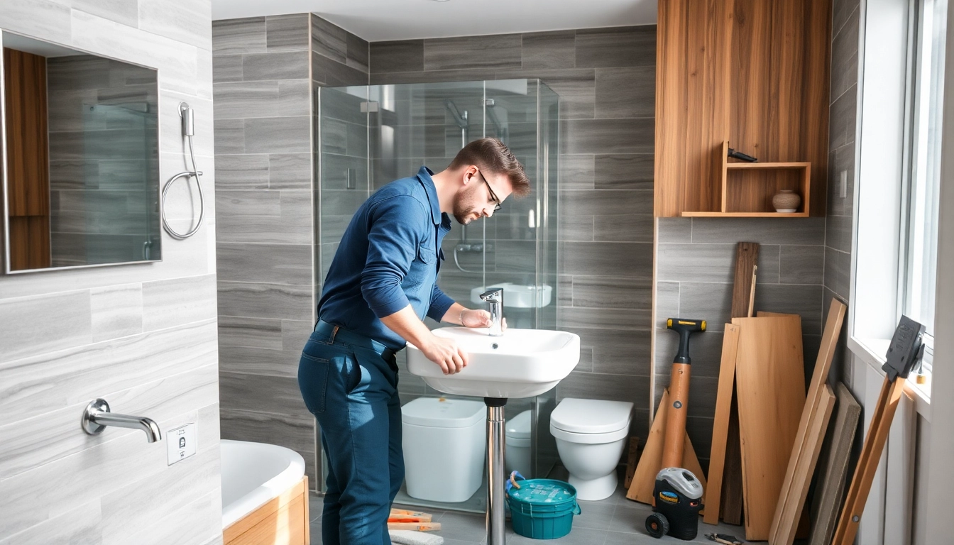 Skilled bathroom fitters Manchester renovating a modern bathroom setting with meticulous detail.