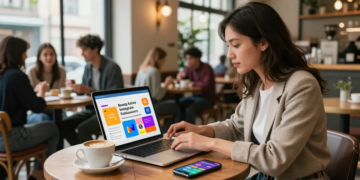 Marketing strategist analyzes buying active Instagram followers in a busy café.