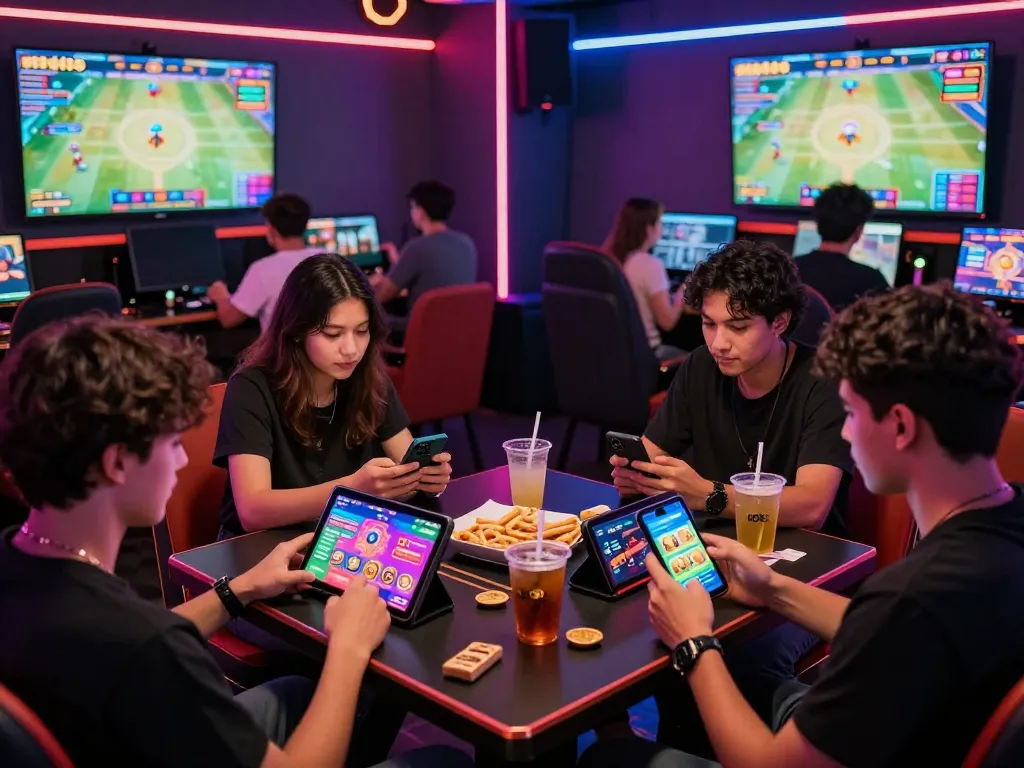 Friends enjoying online gaming with the go88 app in a vibrant lounge