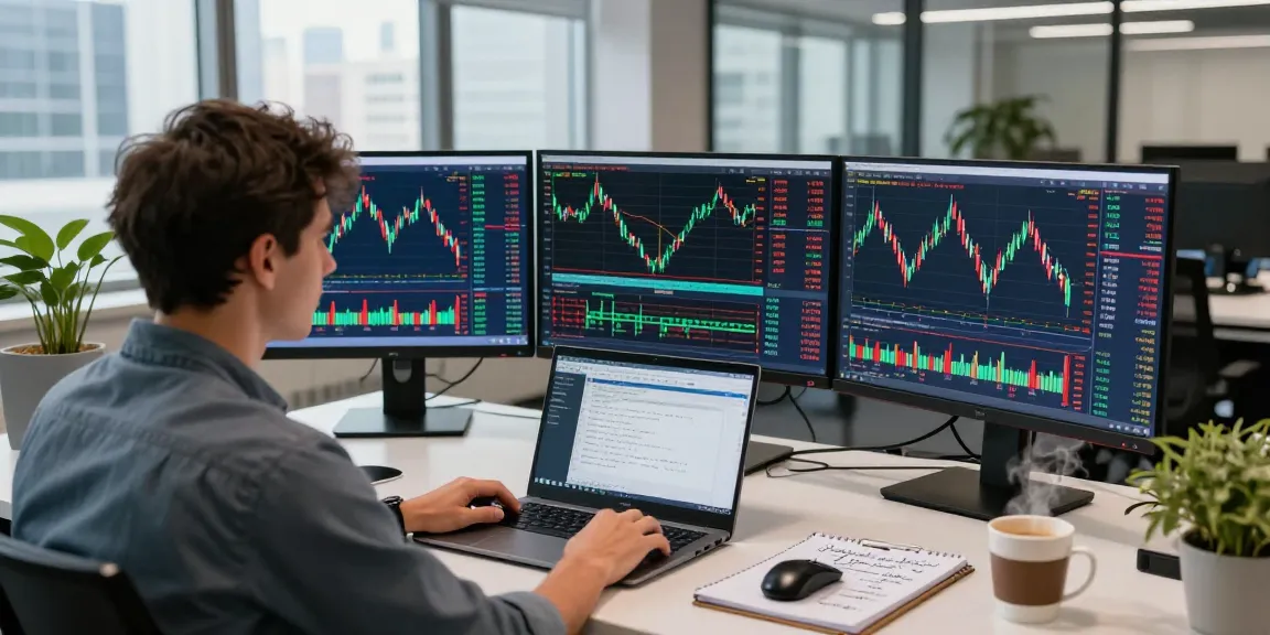 Trader analyzing live forex charts on multiple monitors in a modern office environment.