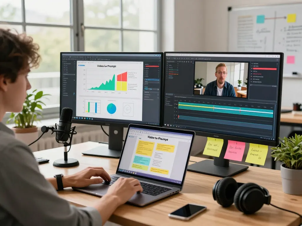 Professional workspace illustrating the video to prompt process, user uploading video with AI analysis displayed on laptop.