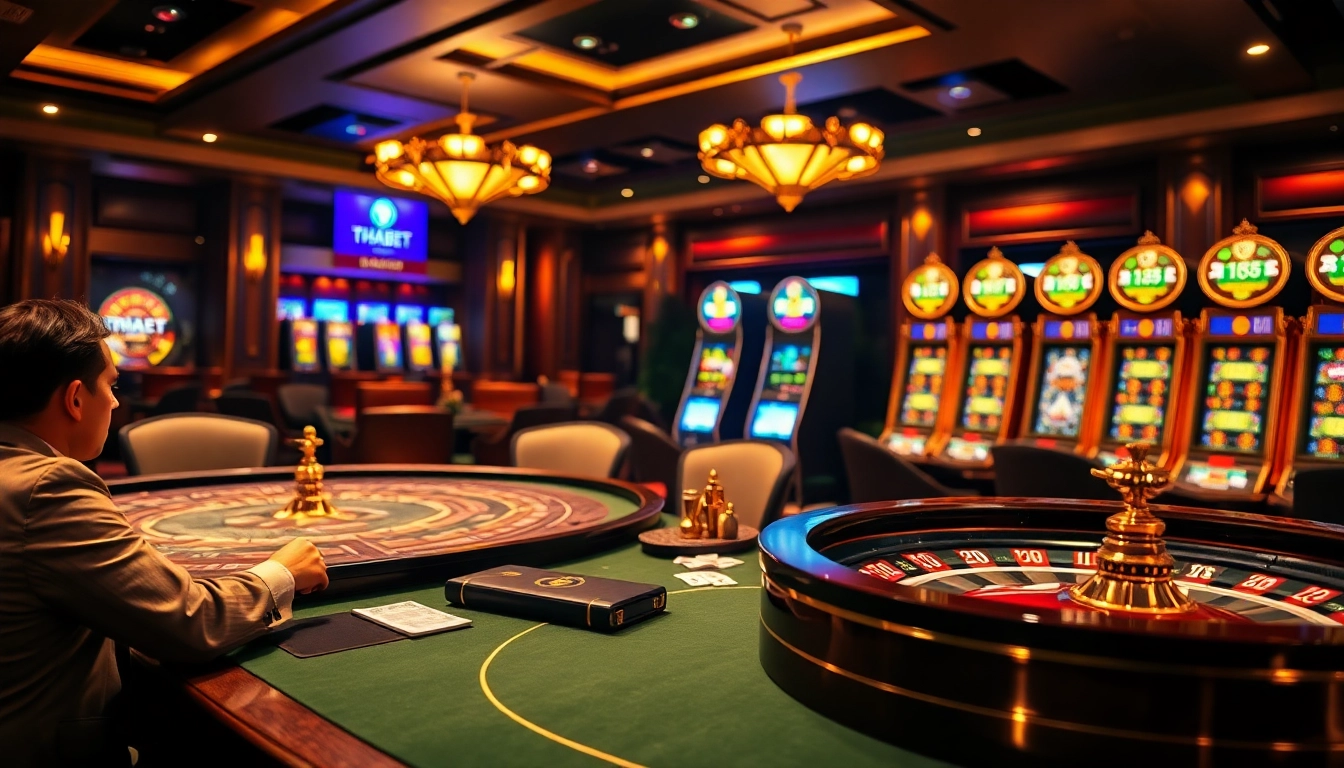 Experience thrilling gameplay at THABET with luxurious casino tables and vibrant slot machines.