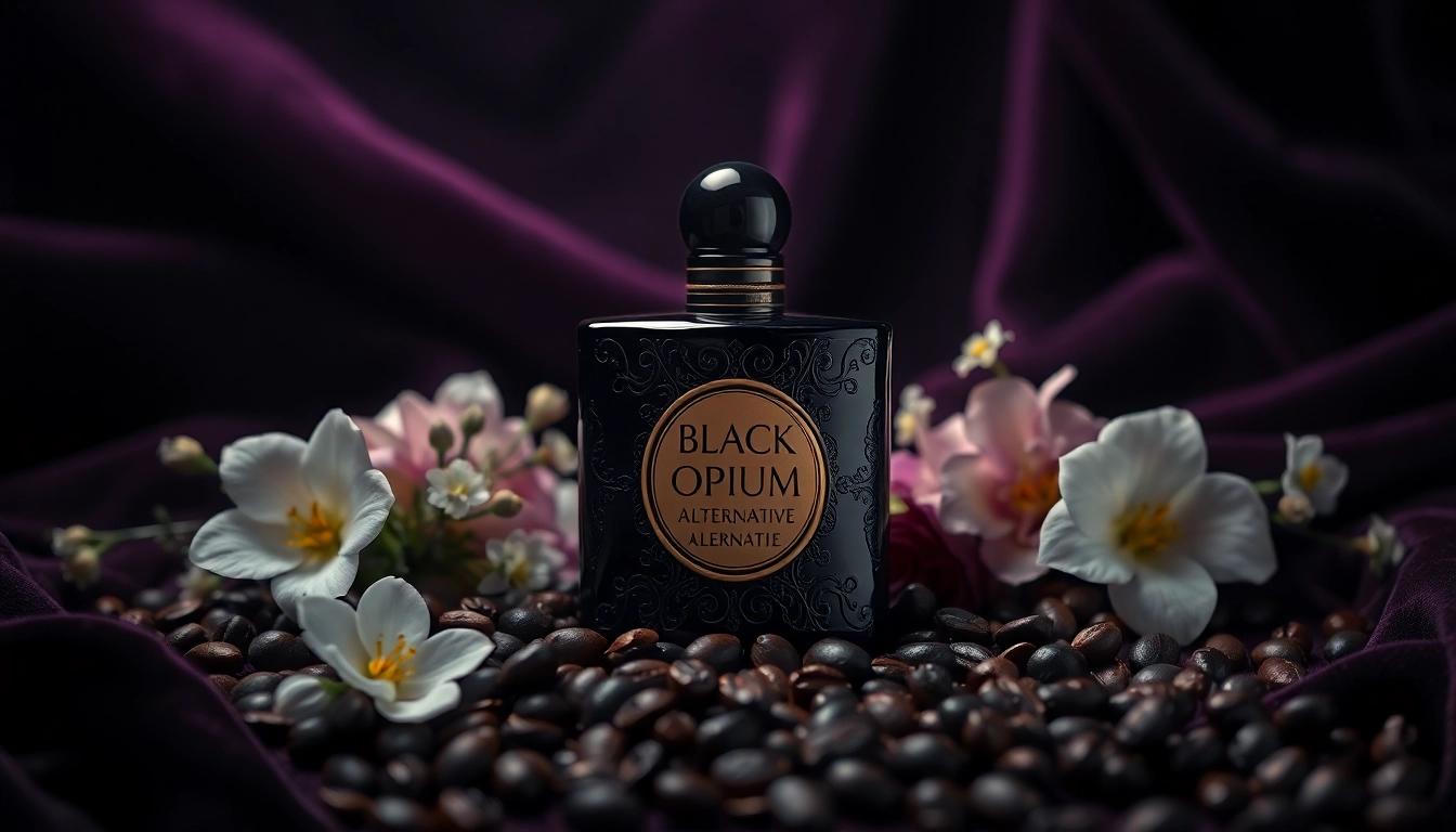 Discover an elegant Black opium alternative bottle amidst coffee beans and flowers.