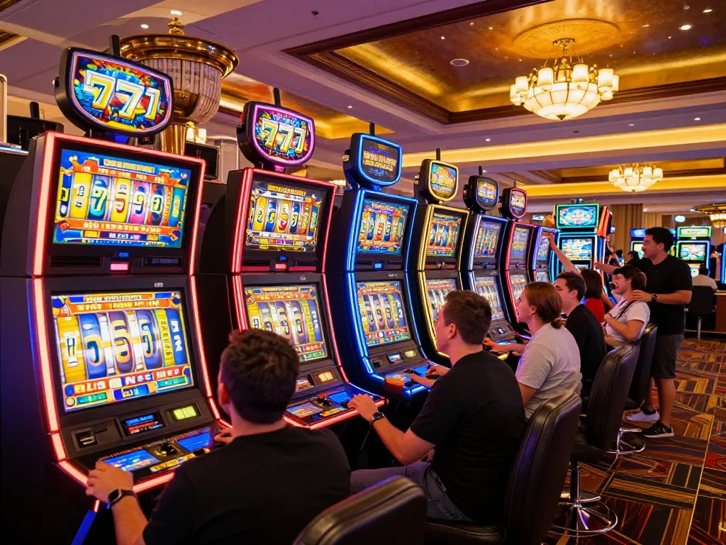 Engaged players enjoying the excitement of slot777 machines in a vibrant casino setting.