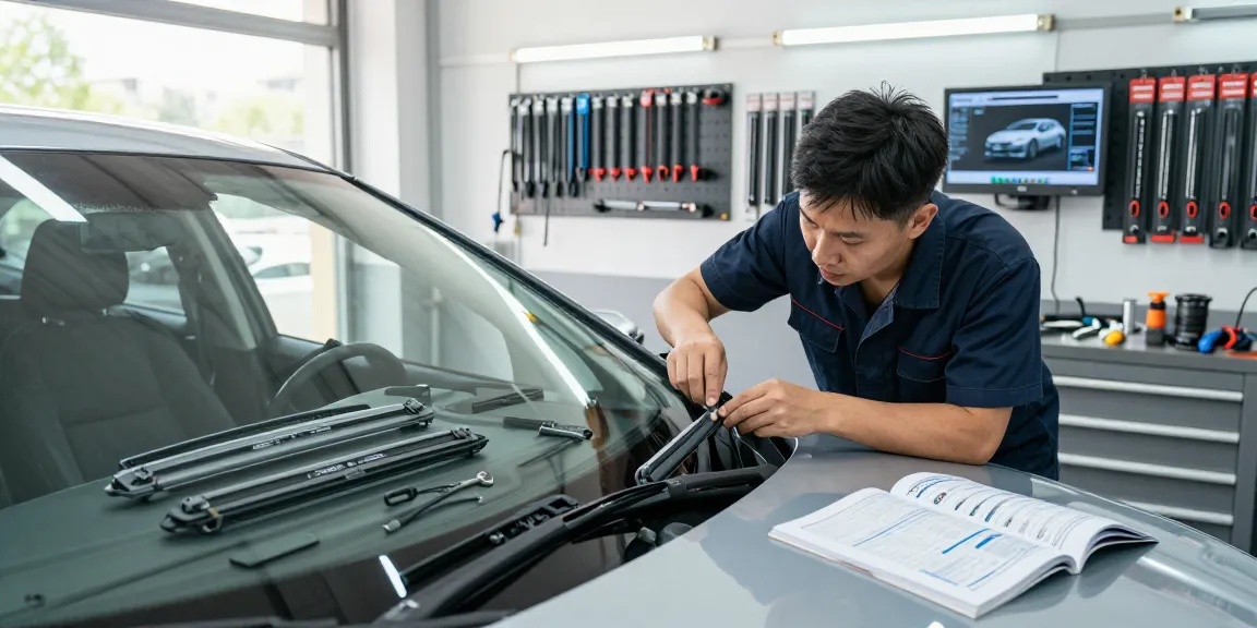 Technician replacing high-quality wiper blades for optimal windshield performance in an automotive workshop.