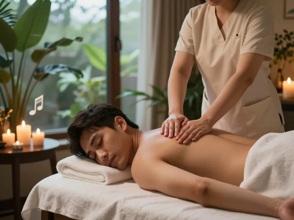 Male client receiving 포항스웨디시 massage in a tranquil spa environment with soothing light and aromatic candles.