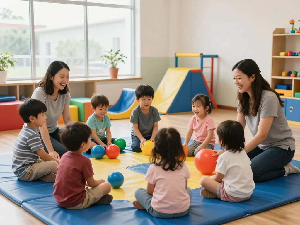 Kids thriving at Advantage Therapy in a colorful sensory gym, engaged in interactive play.