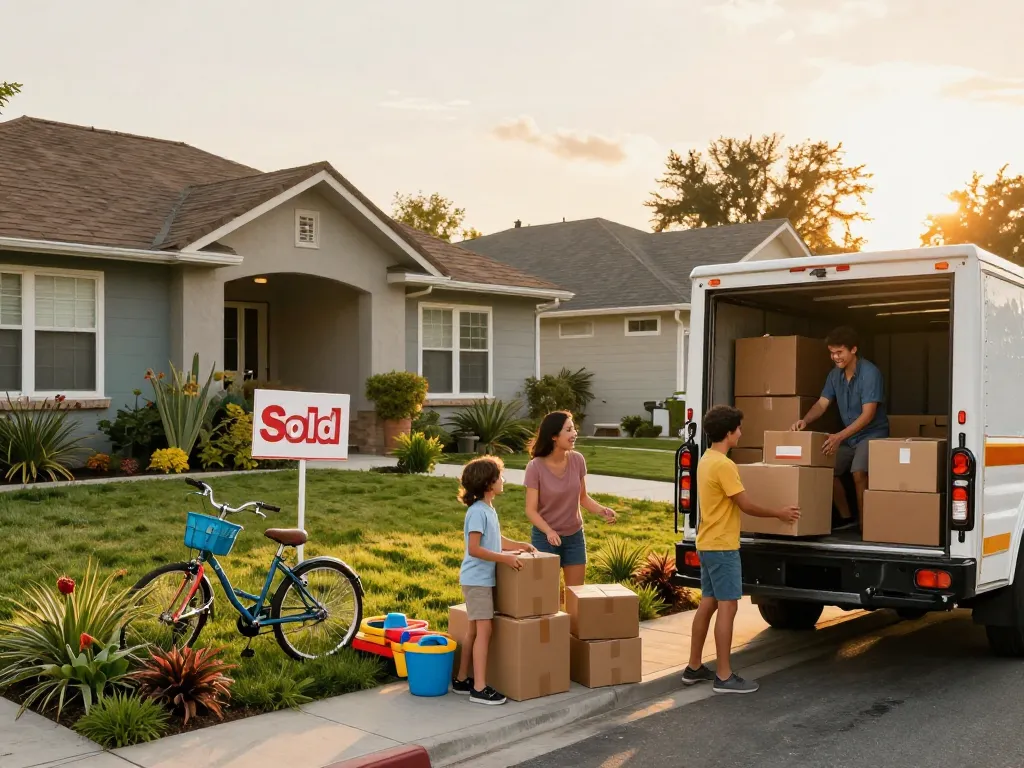 Sell my house fast for cash with a family happily packing boxes outside their home at sunset.