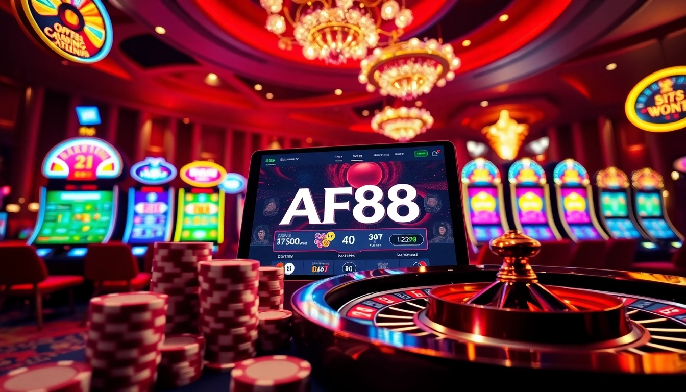 Engaging AF88 online casino scene with poker chips, slot machines, and a roulette wheel.