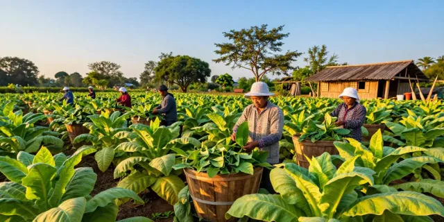 DJARUM BOS tobacco farming scene with workers harvesting clove leaves under golden hour sunlight