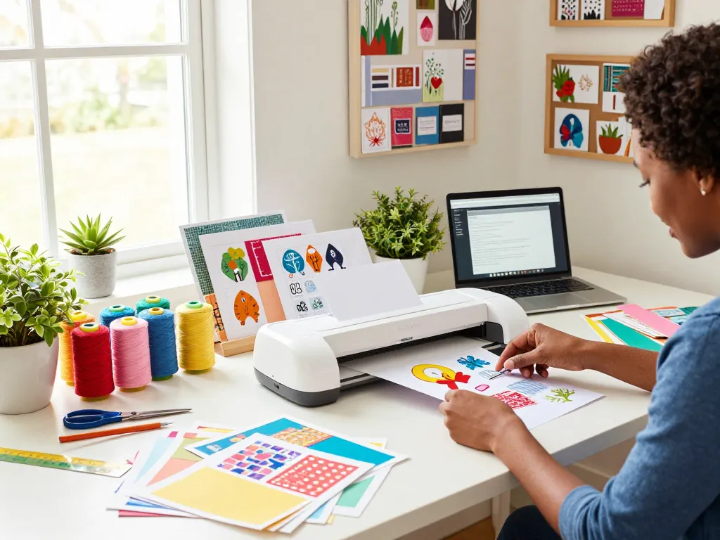 Engaging crafting workspace with vibrant materials and Design Space app in use.
