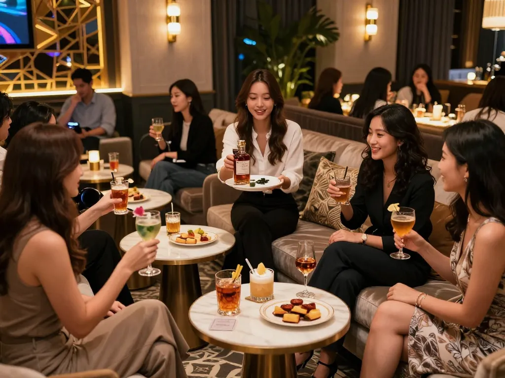 Experience the luxurious atmosphere of 강남쩜오 with sophisticated guests and elegant service in a high-end lounge.