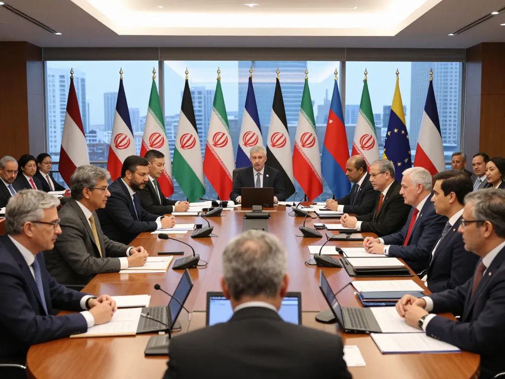 Diplomats discussing Iran sanctions during international negotiation meeting in a formal conference room, showcasing global cooperation.