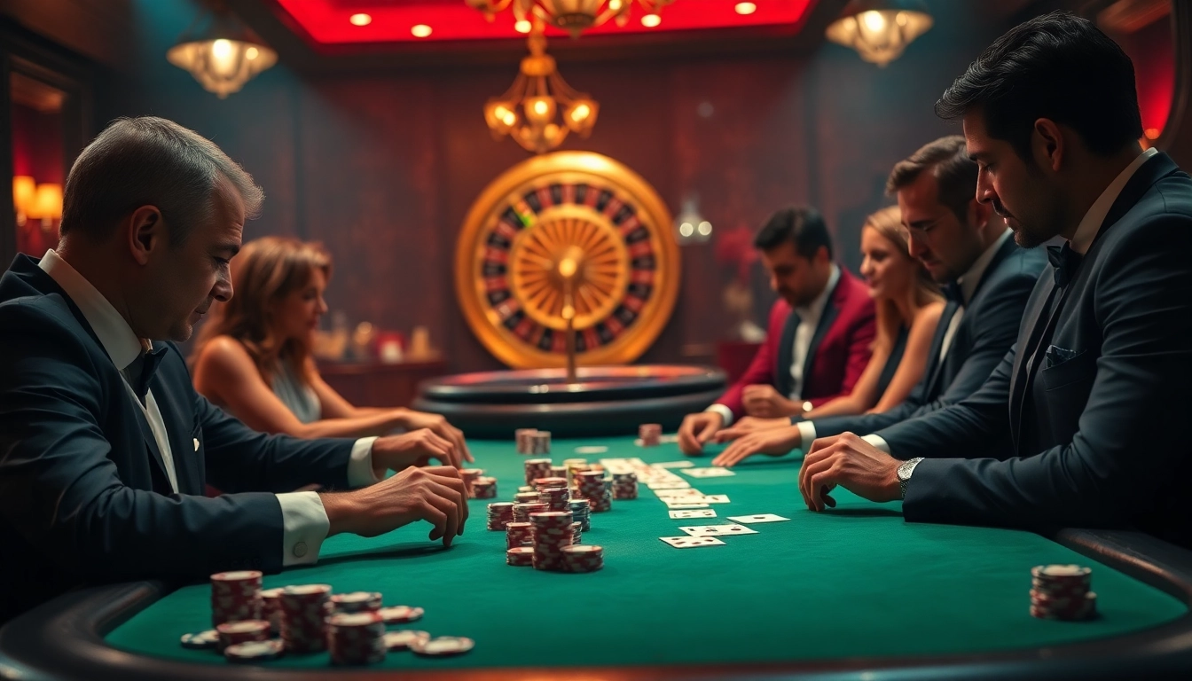 Players engage in a thrilling poker game at Luck8 casino, surrounded by chips and a roulette wheel.