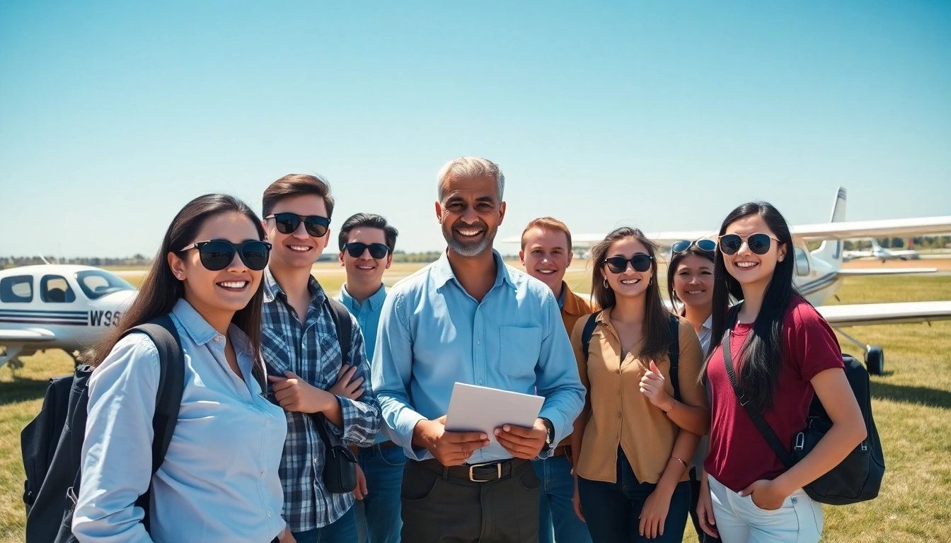 Engaging flight training near me session with diverse students and an instructor outdoors.