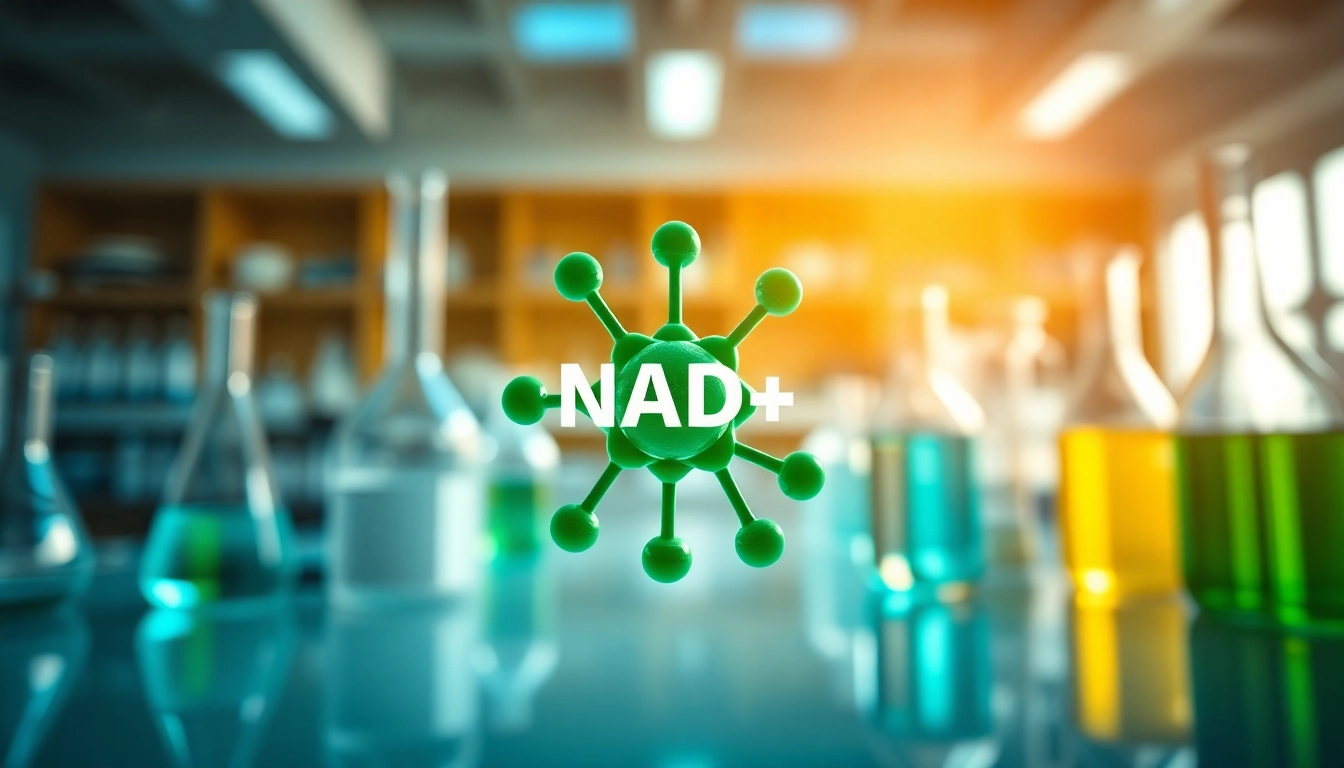 Visual representation of NAD+ molecule in a professional lab setting highlighting scientific innovation.