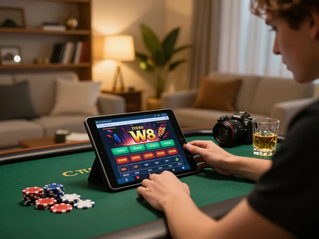 W88 mobile app in action, showcasing dynamic online gaming experience at home.