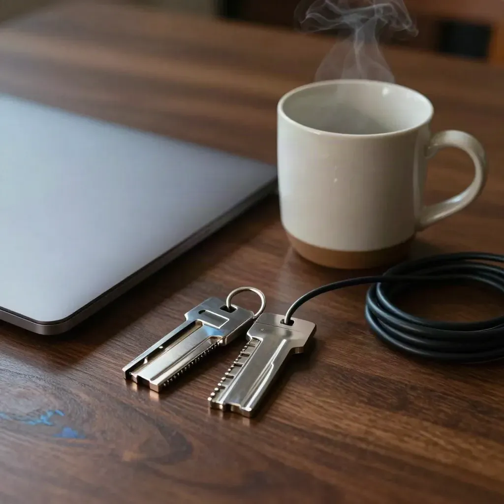 Closed laptop, hardware keys, mug and coiled cable on a dark walnut tabletop with warm steam