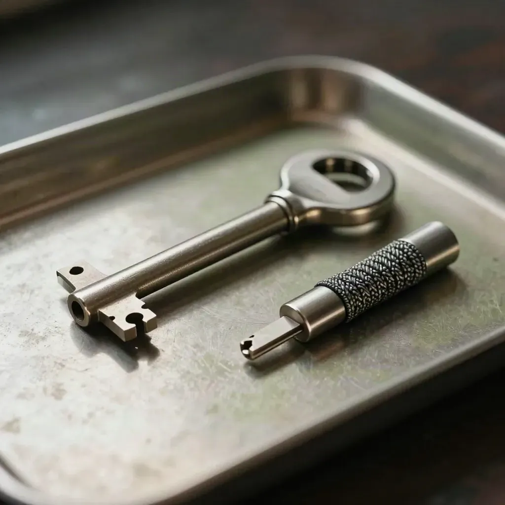 Brushed metal close-up of a rack key, optic module, cable wrap, and maintenance tool.