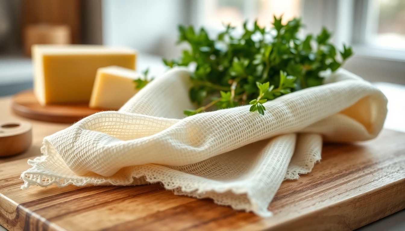 Gebruik kaasdoek voor het maken van kaas in een lichte keuken met verse ingrediënten.