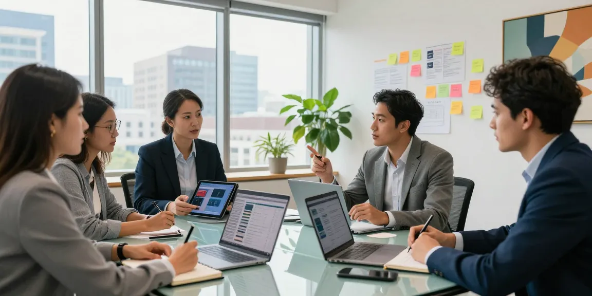 Strategic brainstorming session at https://factors.org.uk with diverse professionals collaborating in a modern office.