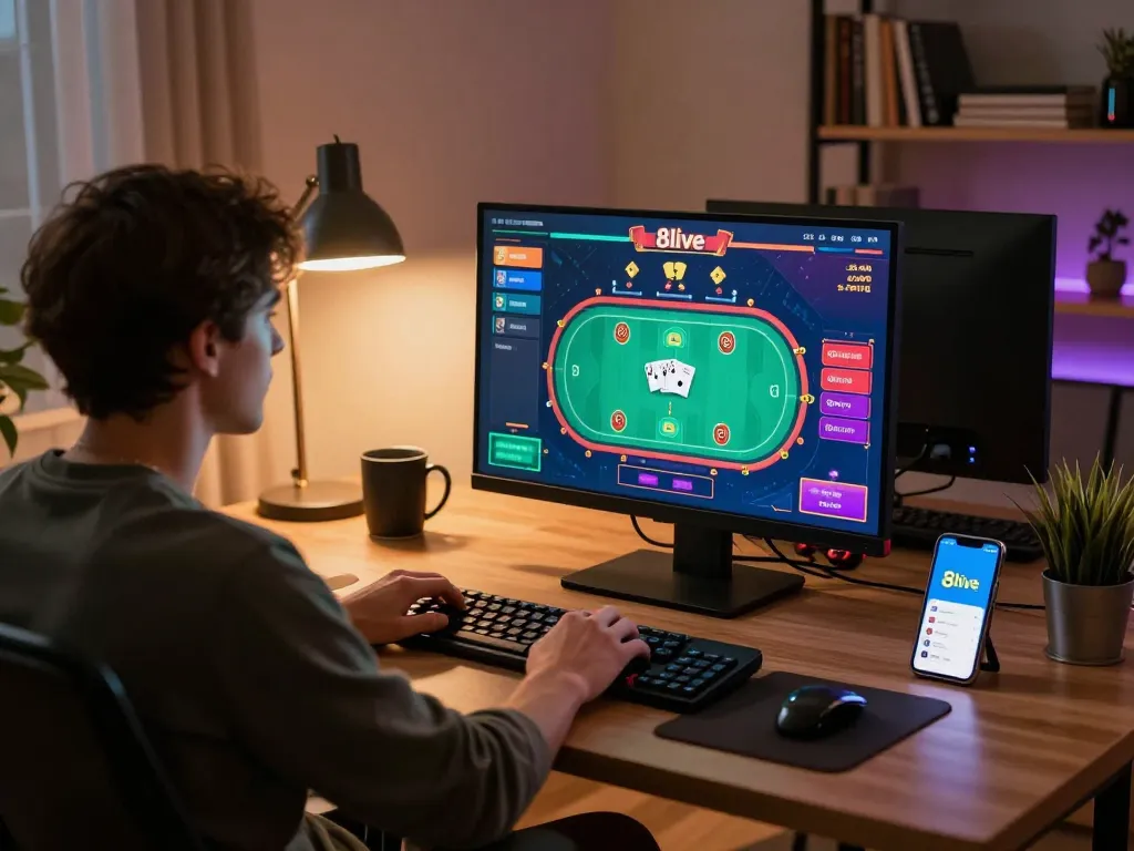 Player enjoying an exciting online game on 8live with ambient lighting in a cozy home office.