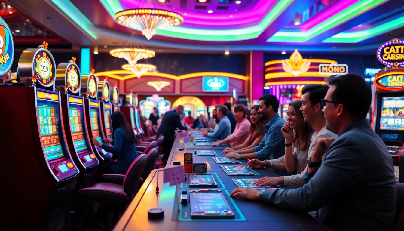 Aktive Spieler, die casino spielen in einem lebhaften Kasino mit bunten Slots und fröhlicher Atmosphäre.
