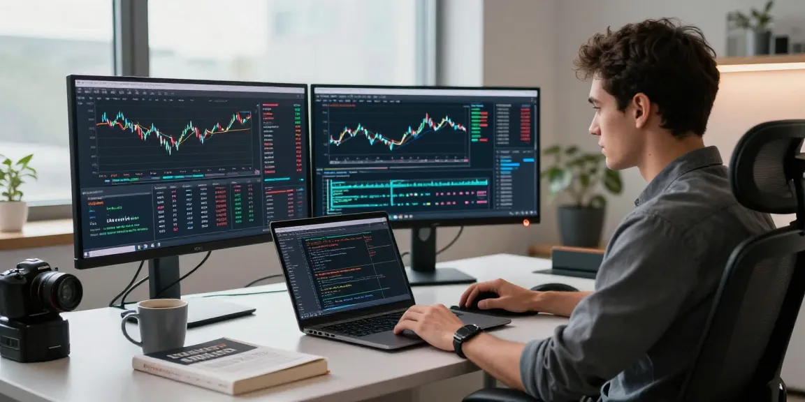 贵金属WebSocket推送实时分析，开发者在现代办公室专注于多个显示屏，展示外汇数据和技术图表
