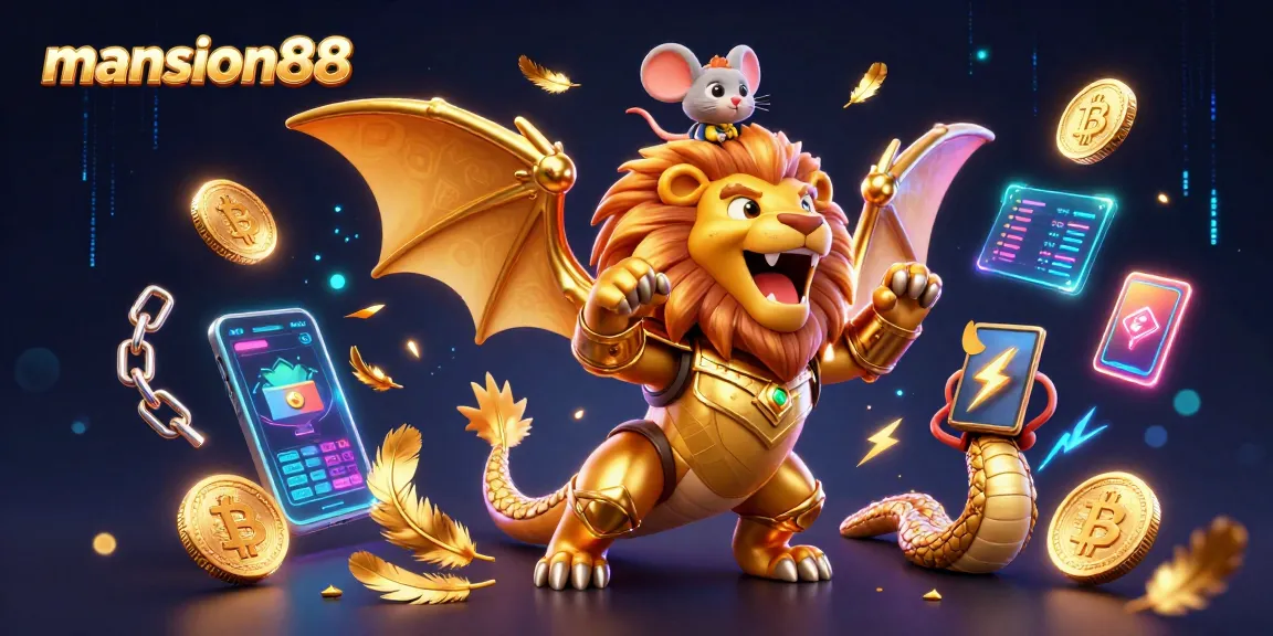 Bet on exciting adventures with mansion88 featuring a triumphant chimera and glowing crypto elements.