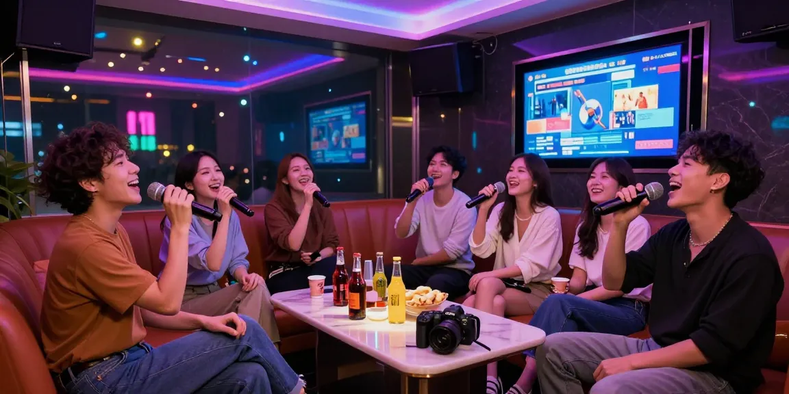 강남 가라오케에서 친구들과 즐거운 노래를 부르는 모습과 화려한 조명이 있는 고급스러운 분위기