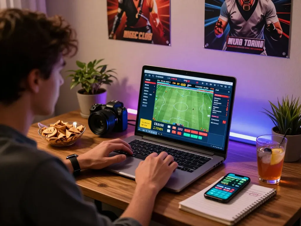Engaged user at home betting through https://bong99vn.win/ surrounded by snacks, laptop, and sports decor.