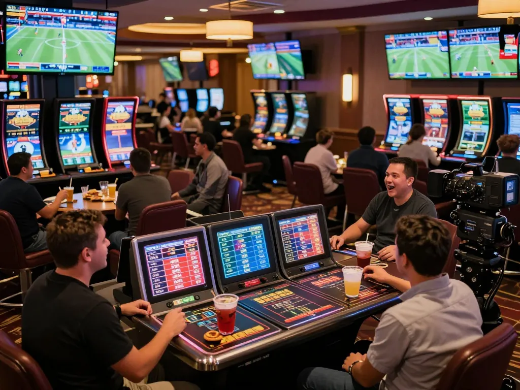 Engaged bettors analyzing odds and placing bets at ORMASTOTO's lively sports betting lounge.